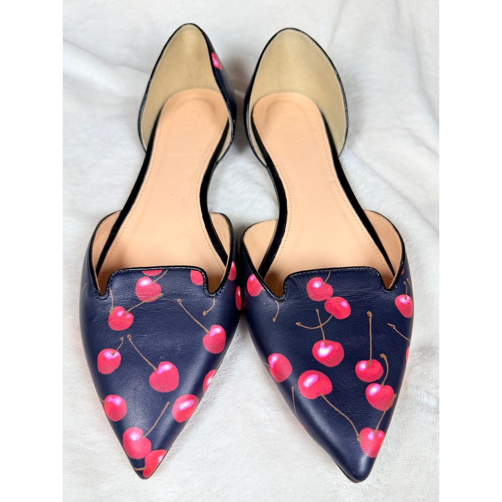 J.Crew Women Cherry Print D'Orsay Flats Size 11 Black Red Pointed Toe Leather